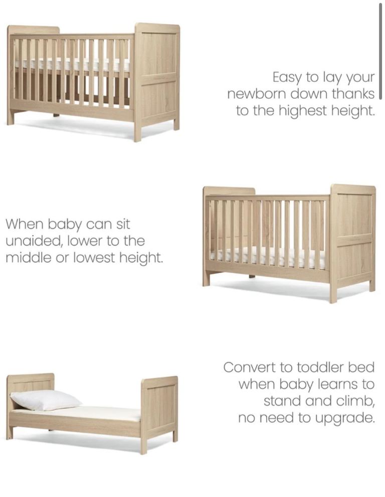 Mamas and papas atlas light oak cot/toddler bed and premium mattress 
