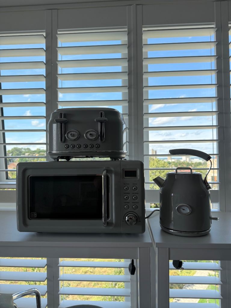 Microwave, Kettle & Toaster Set - Grey, Good Condition
