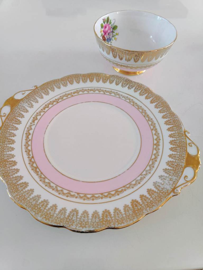 Vintage Pink and Gold Cake Plate with Matching Bowl