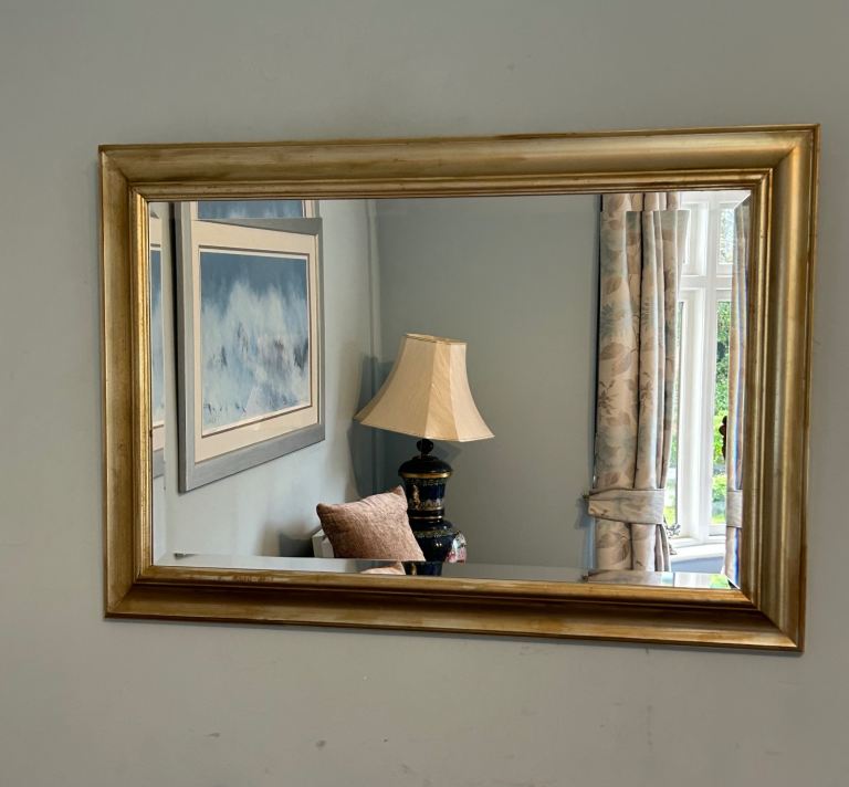 Gold Effect Bevelled Picture Frame Mirror  H21.5in/55cm W32in/81cm Good condition  D296