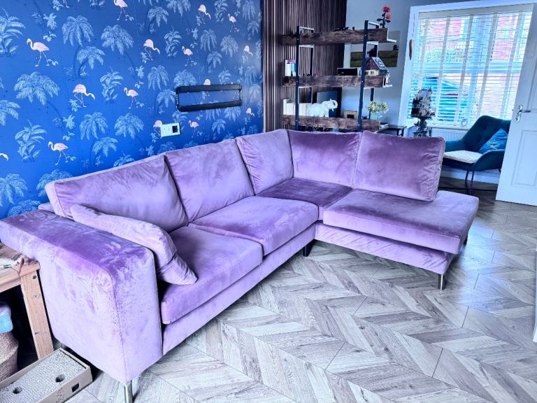 Lovely Pink Velvet Corner Sofa – Good Condition