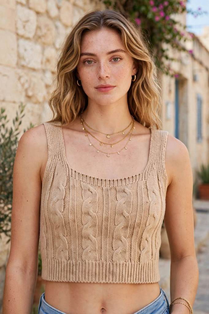 Beige Cable Knit Crop Top - Square Neck Knitted Vest Top