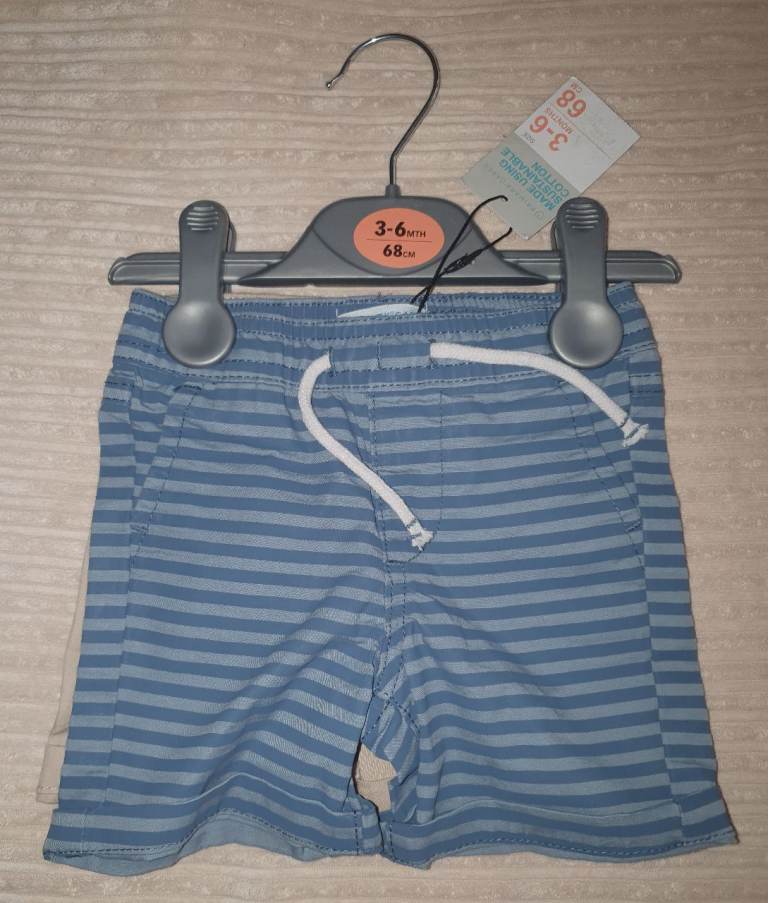2x PRIMARK Baby Striped Blue Beige Stone Shorts 3-6 months 68cm BNWT BRAND NEW