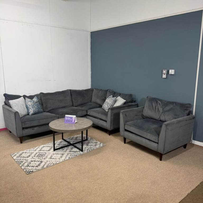 🛋️ Large Dark Grey Soft Fabric Corner Sofa, Armchair & Storage Footstool - FREE DELIVERY 🚚