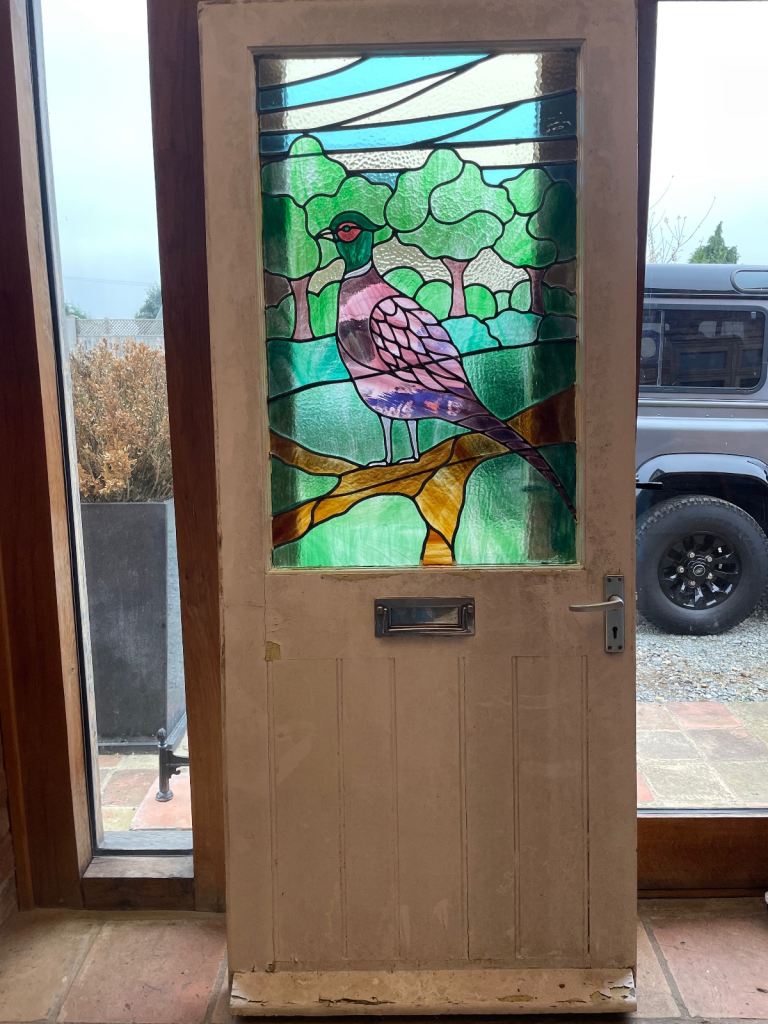 Antique Vintage Reclaimed Pheasant Stained Glass Leaded Front Timber Door