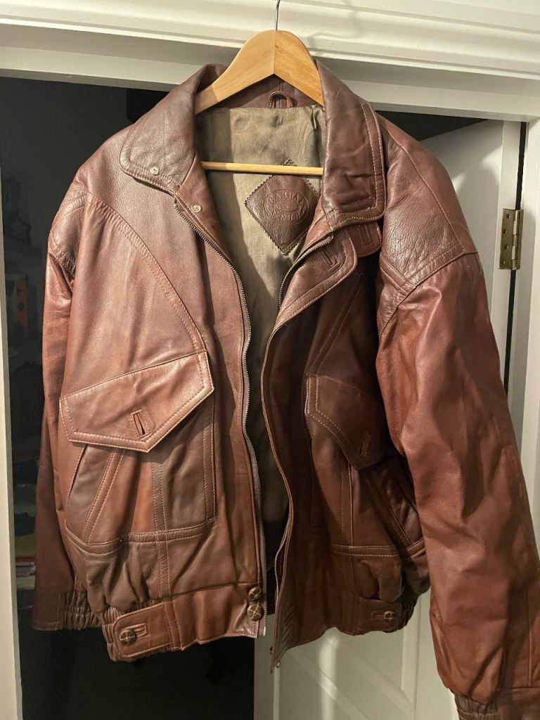 XL Brown Genuine Leather Bomber Jacket – Good Condition