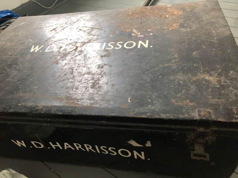 Large Vintage Travel Chest - W.D. Harrison, Black Metal