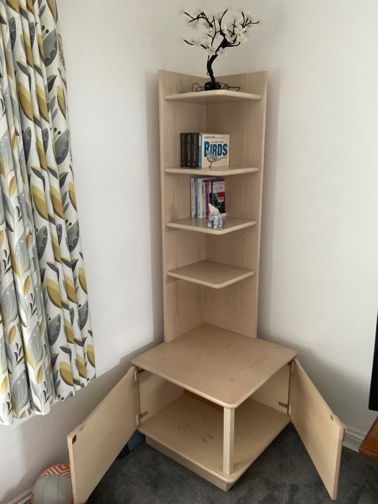 Corner Shelving Unit with Bottom Cupboard – Light Wood, Good Condition