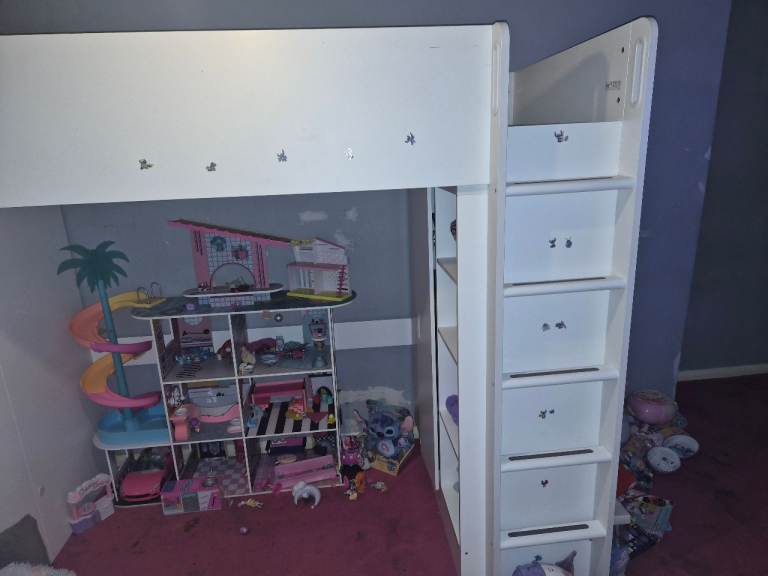 Highsleeper bed with wardrobe and shelfs 