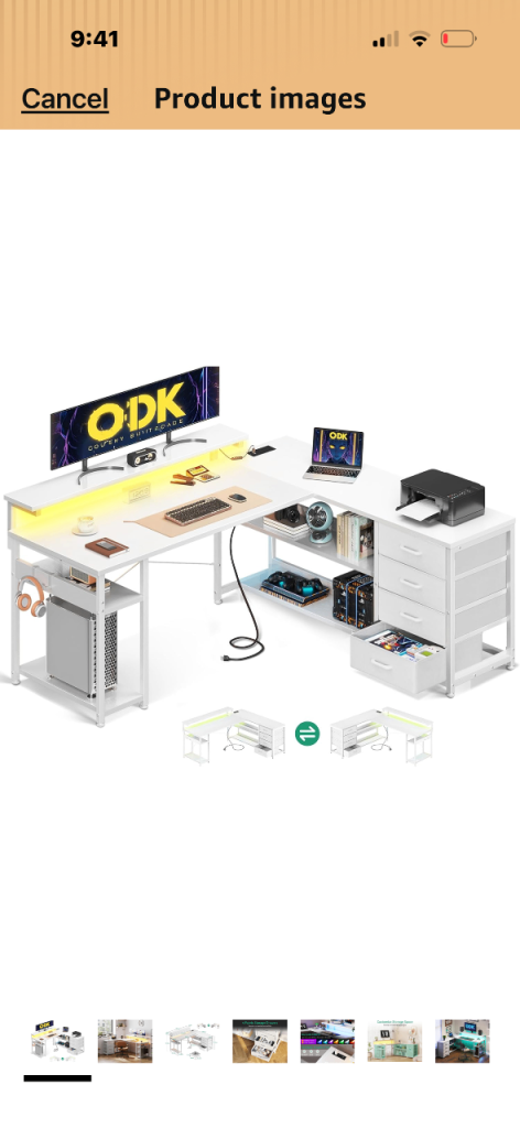 ODK L-Shaped Gaming Desk with LED Lights and Storage - White, New