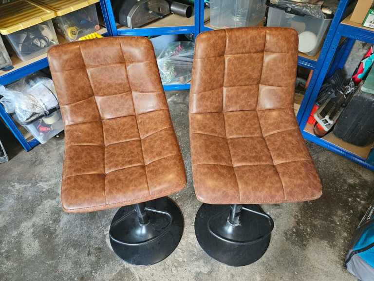 Pair of Brown Leatherette Swivel Bar Stools – Good Condition RRP £200