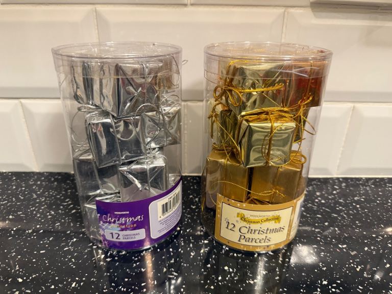 image for Rare 2 Boxes Woolworths Christmas Collection Tree Parcels Decorations 12 Silver & 12 Mixed Gold 1.5"