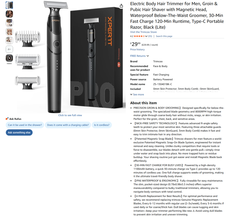 Electric Body Hair Trimmer for Men, Groin & Pubic Hair, Magnetic Head|| Brand new 50% off price 