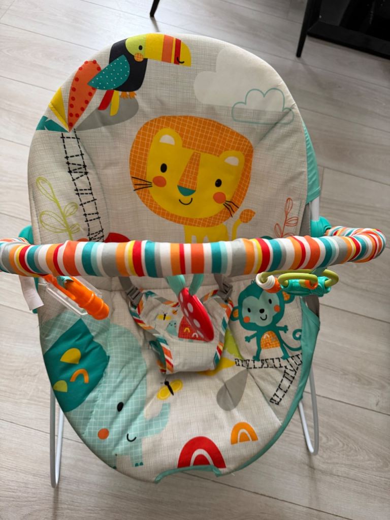 Baby Bouncer with Play Bar – Good Condition, Animal Print