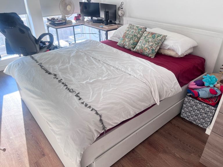White Double Bed Frame with Storage Drawers – Good Condition