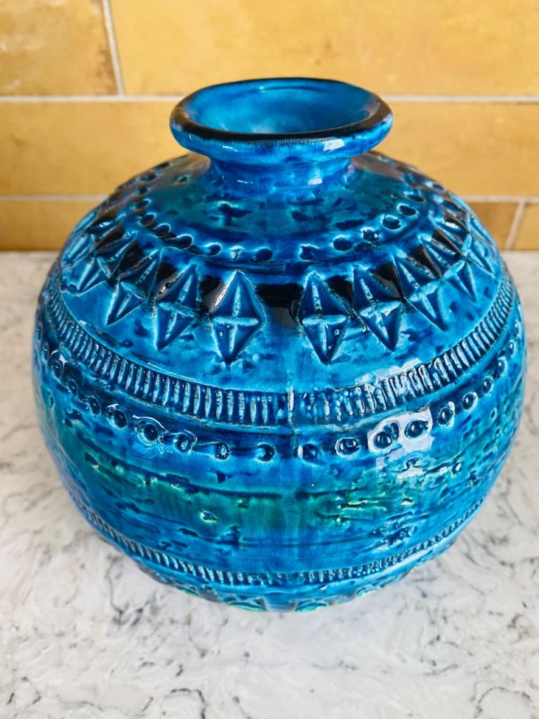 Bitossi Rimini Blue Ball Globe Round Vase Vintage Aldo Londi Italy Mid Century 