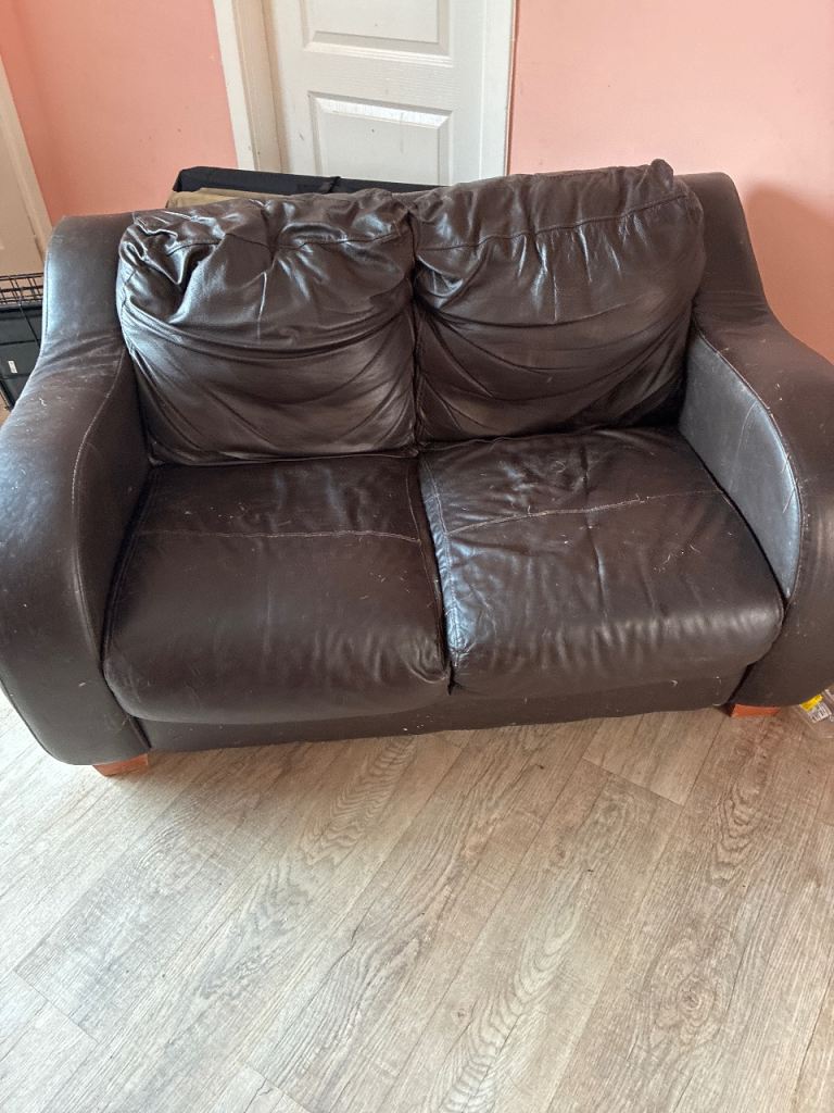 Brown Leather Two-Seater Sofa – Good Condition