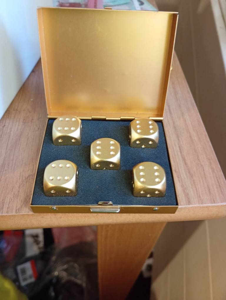 Set of 5 Gold Metal Dice in Display Case – Good Condition