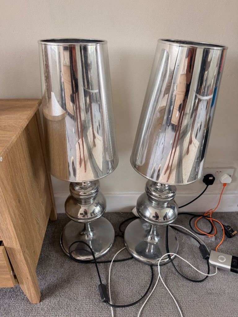 Pair of Silver Table Lamps with Shades – Good Condition