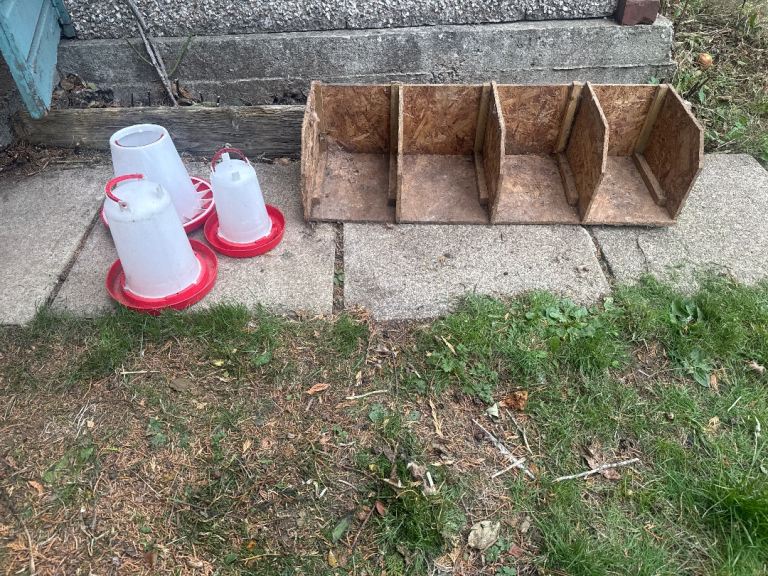 3 Chicken Feeders and Wooden Nesting Boxes