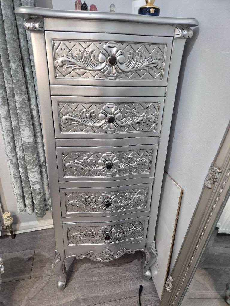 Solid wood silver hand finished tall boy 