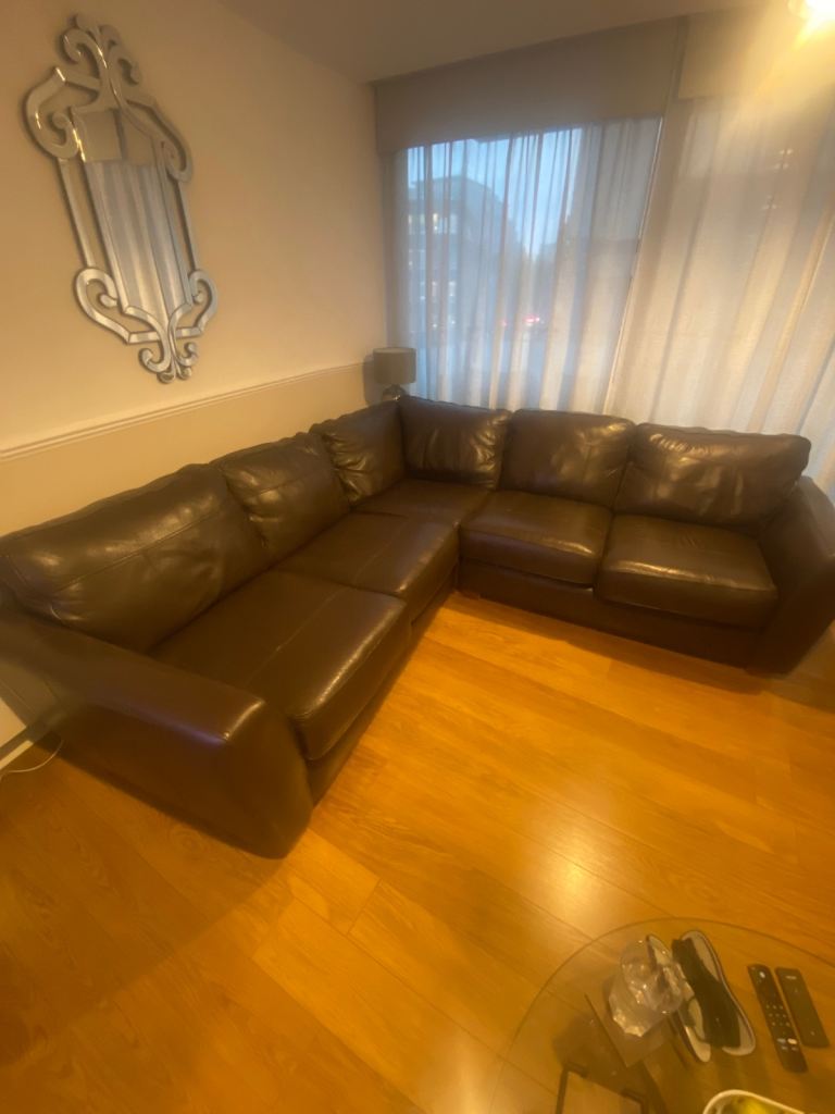 Sophia corner brown leather sofa & electric recliner 