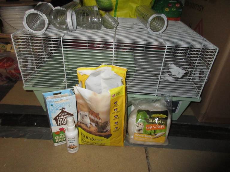 Hamster cage, tubes, wheel, food, treats & bedding - 1y old