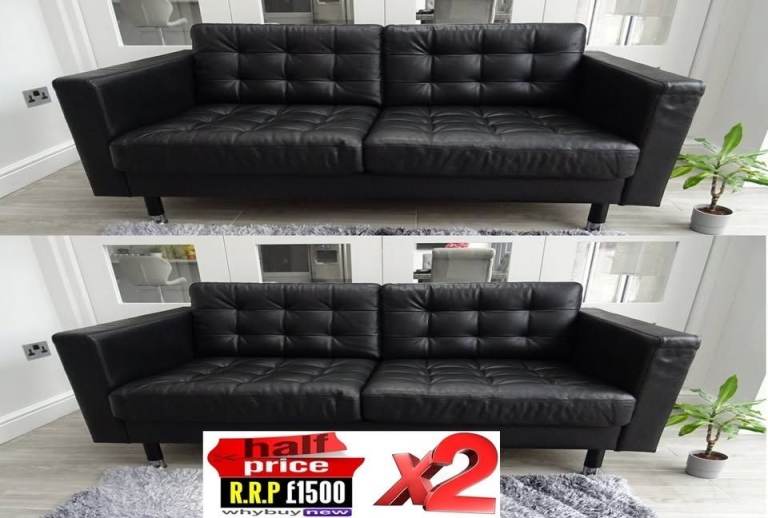 RRP:£1398 2x IKEA LANDSKRONA BLACK TWO SEAT LEATHER SOFA SUITE LONDON DELIVERY(OFFICE CHESTERFIELD)