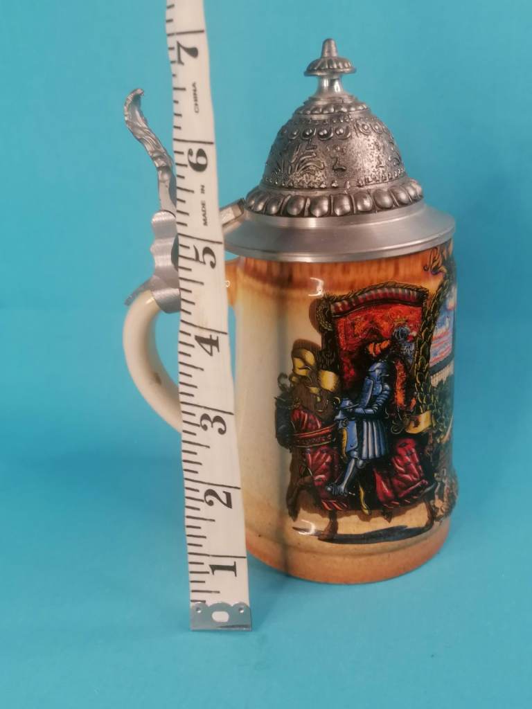 7-inch, Vintage Germany Stein Beer Mug Prague Deutschland Shield Rothenburg Pewter Lid.