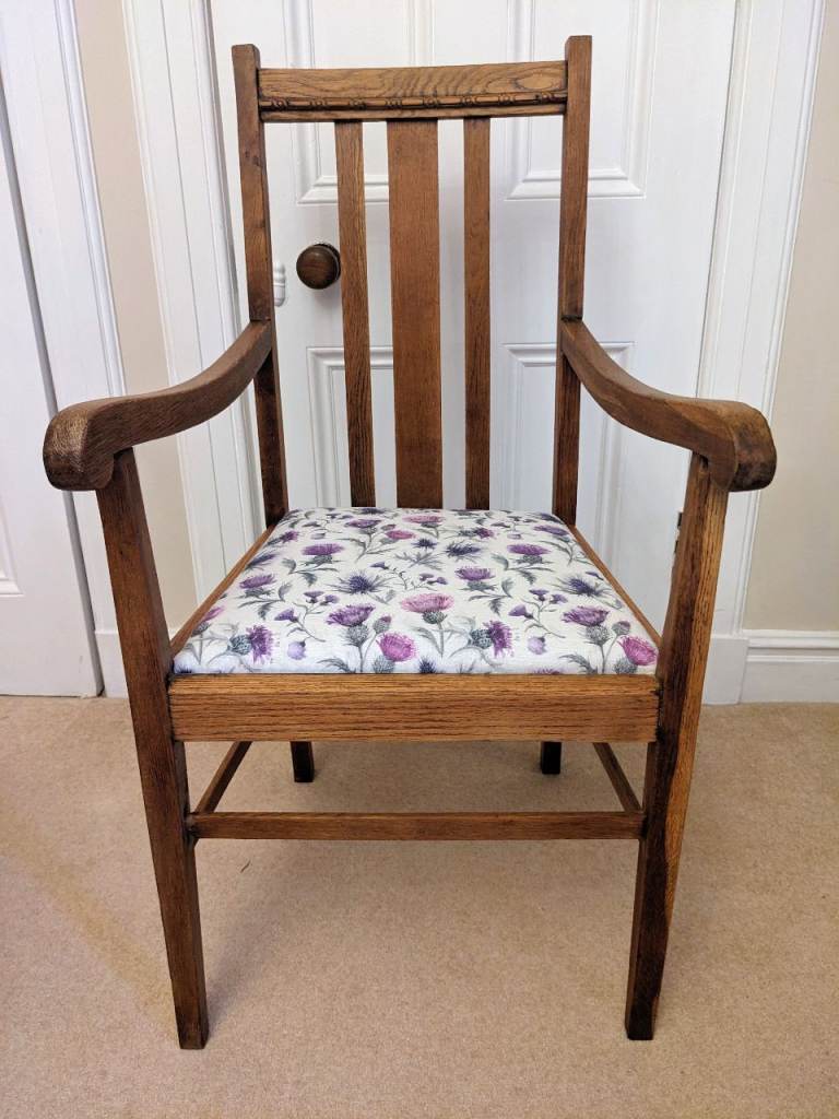 Antique Arts and Crafts Oak Chairs with thistle fabric.