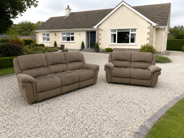 Taupe 3 and 2 fabric recliner sofas suite 