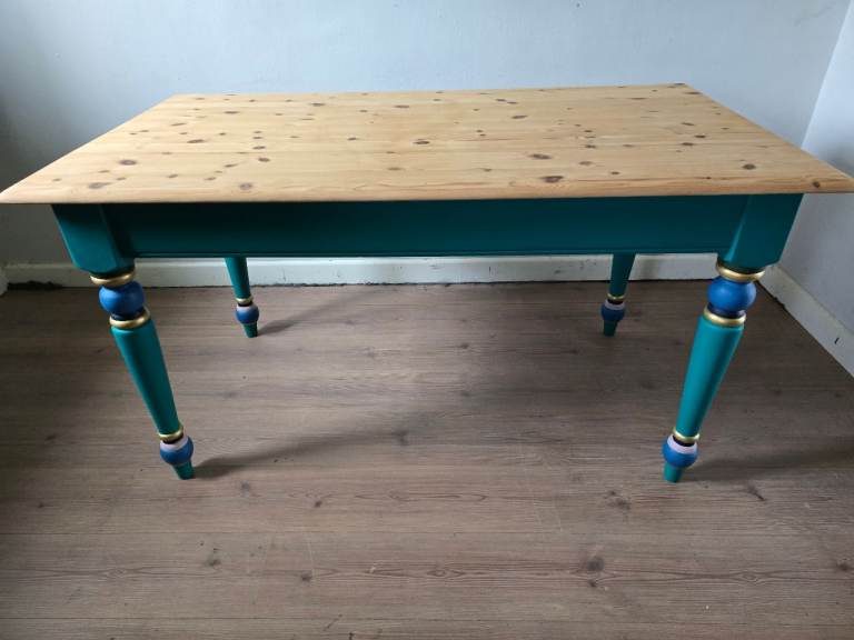 FRESHLY REFURBISHED Pine Rustic Farmhouse Dining Table + Drawer Peacock - Free LOCAL 10m DELIVERY 