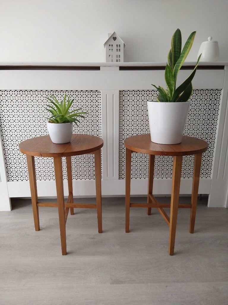 2 x Vintage Mid Century Folding Plant Stands / Side / End / Lamp / Bedside / Table