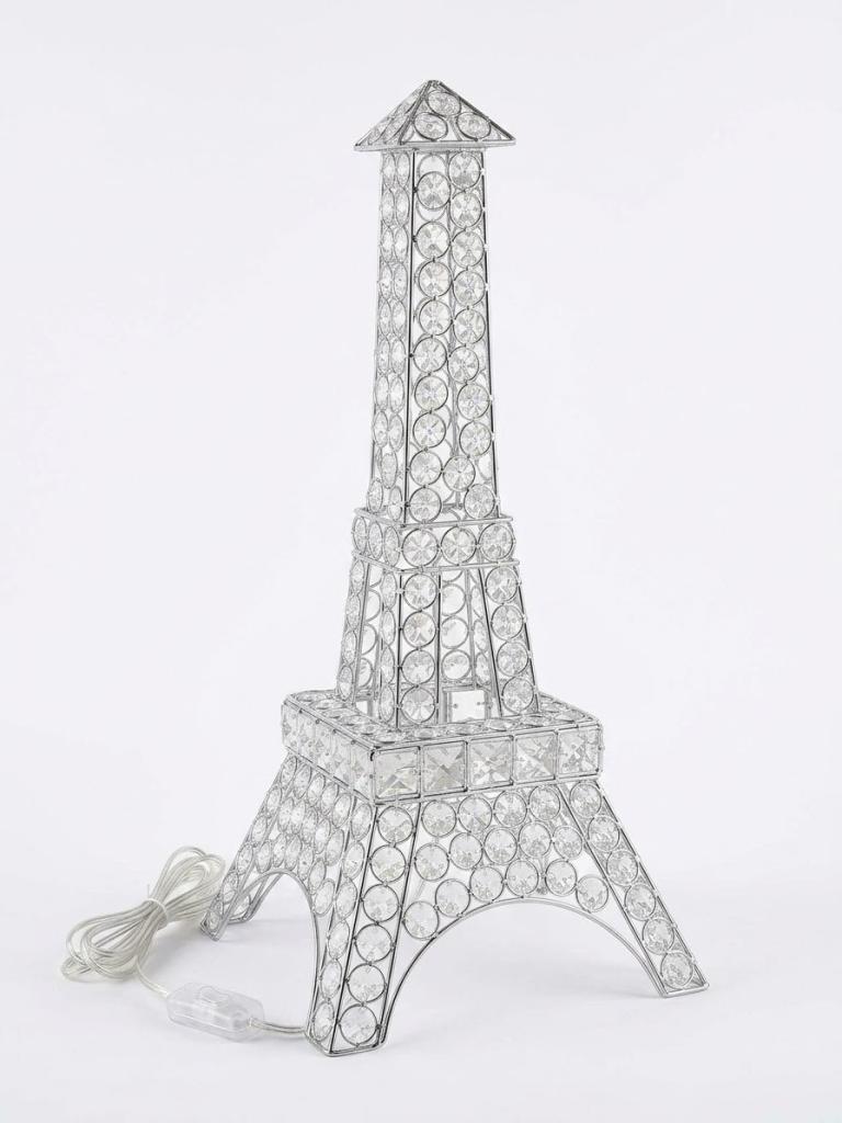 Beautiful Eiffel Tower table lamp made of polished silver chrome and shimmering crystal beads.