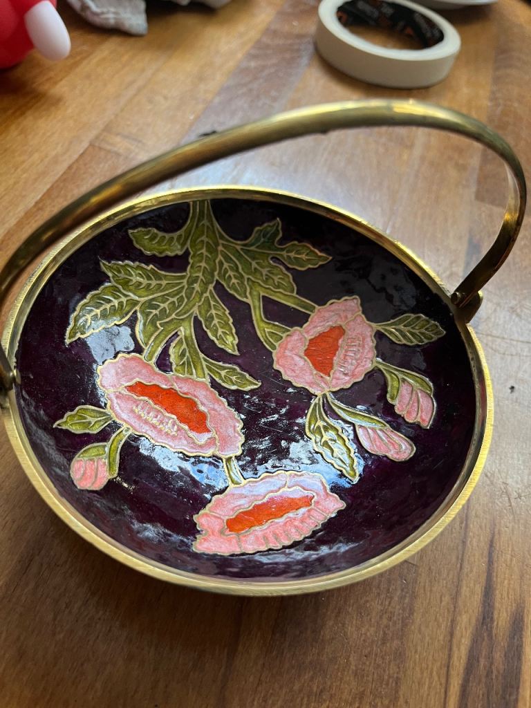 Vintage Brass Enamel Bowl with Handle – Floral Design