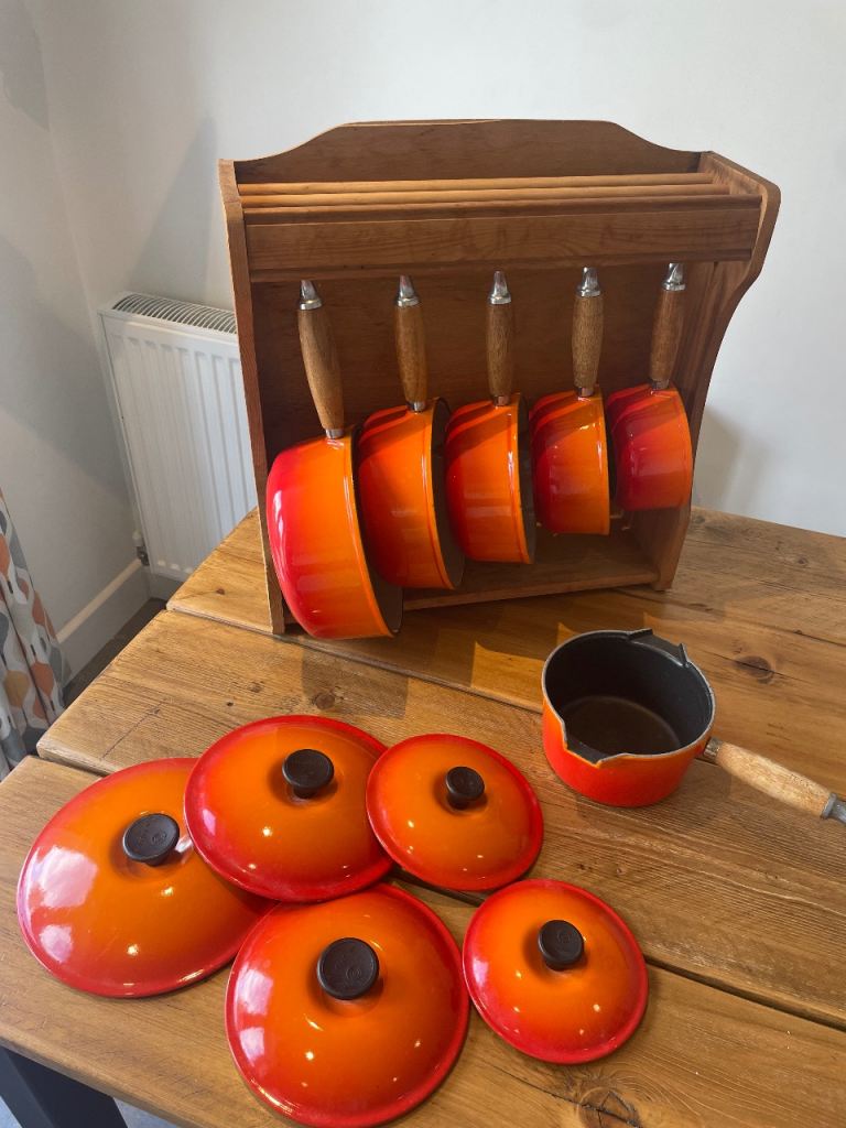 Vintage Enamel Le Creuset Saucepan Set with Lids and Wooden Rack