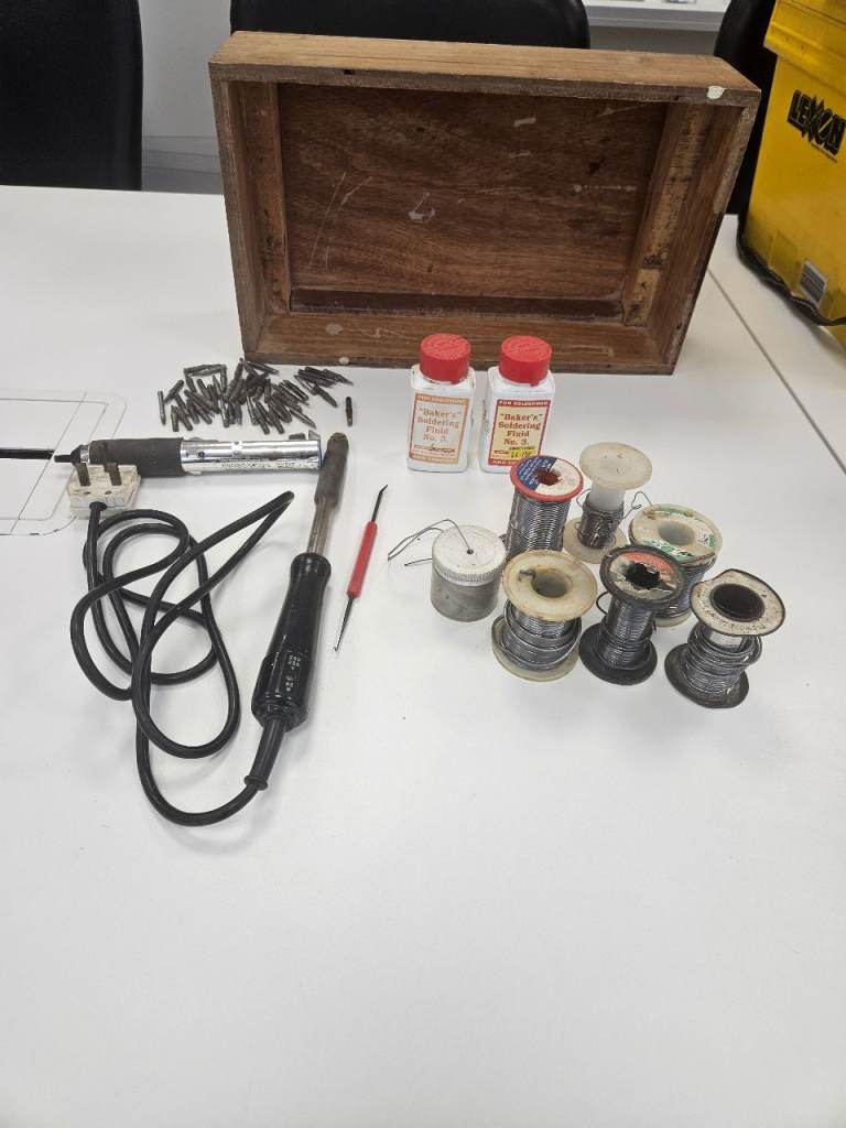 vintage soldering bundle — henley solon iron, soldapult, tips, solder, fluid & wooden case full kit