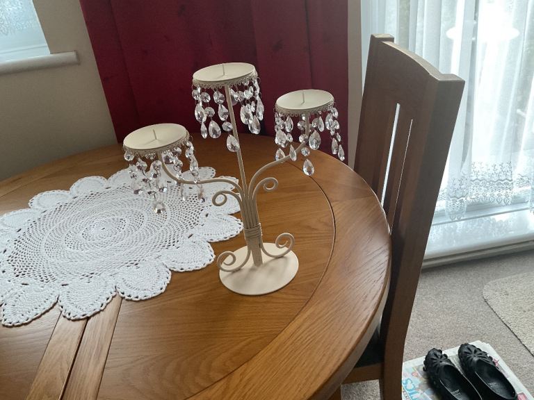 Cream Metal Candlestick Holder with Crystal Droplets