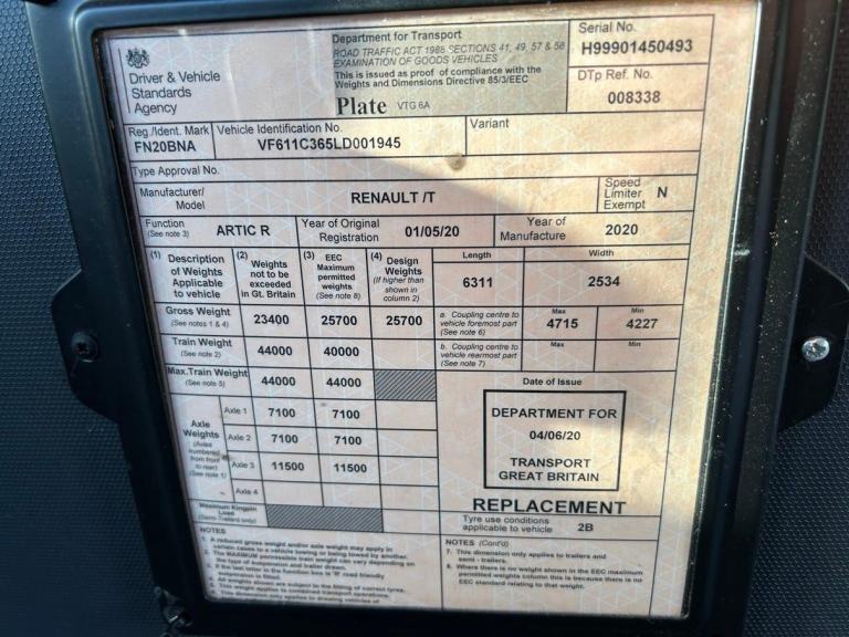 RENAULT T520 *EURO 6* 6X2 TRACTOR UNIT 2020 – FN20 BNA