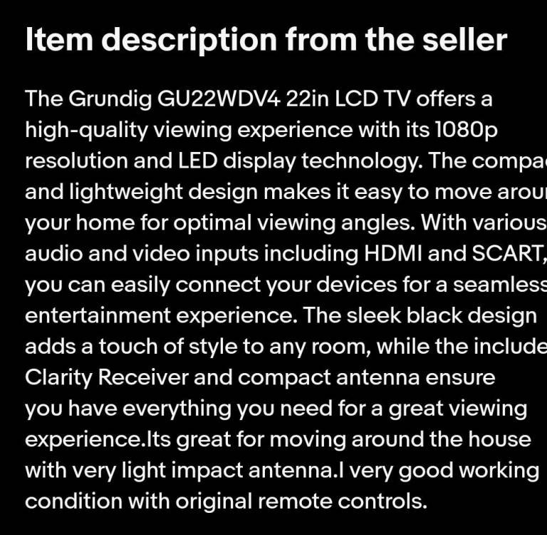 Grundig GU22WDV4 22in LCD TV with Remote and Antenna – Good Condition
