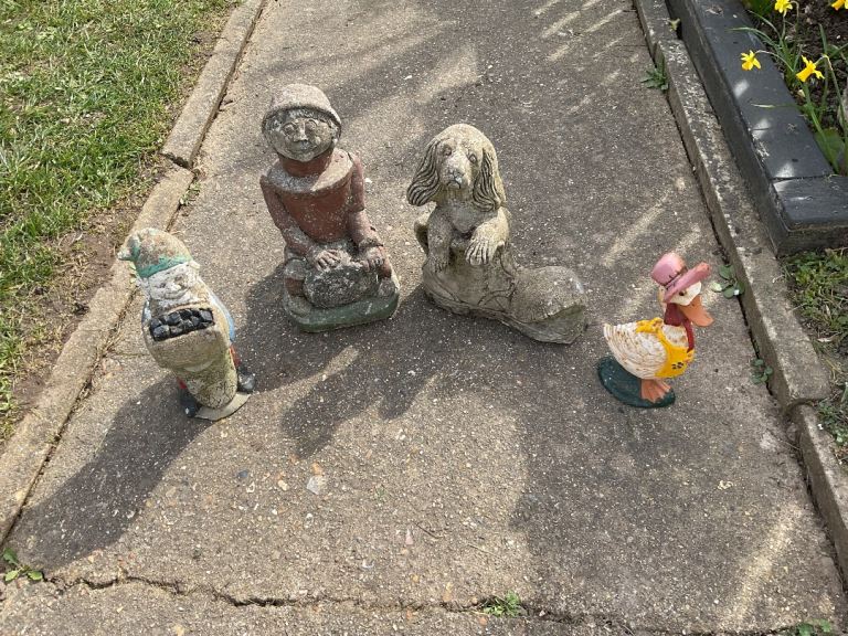 3 Concrete/Stone Garden Ornaments with a Cast Iron Doorstop In The Form of a Duck
