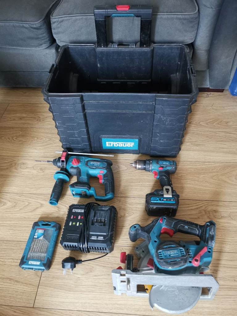 Erbauer 18V Tools Bundle Combi Drill, SDS Drill, Circular Saw with 1 Battery, Charger & Storage Box