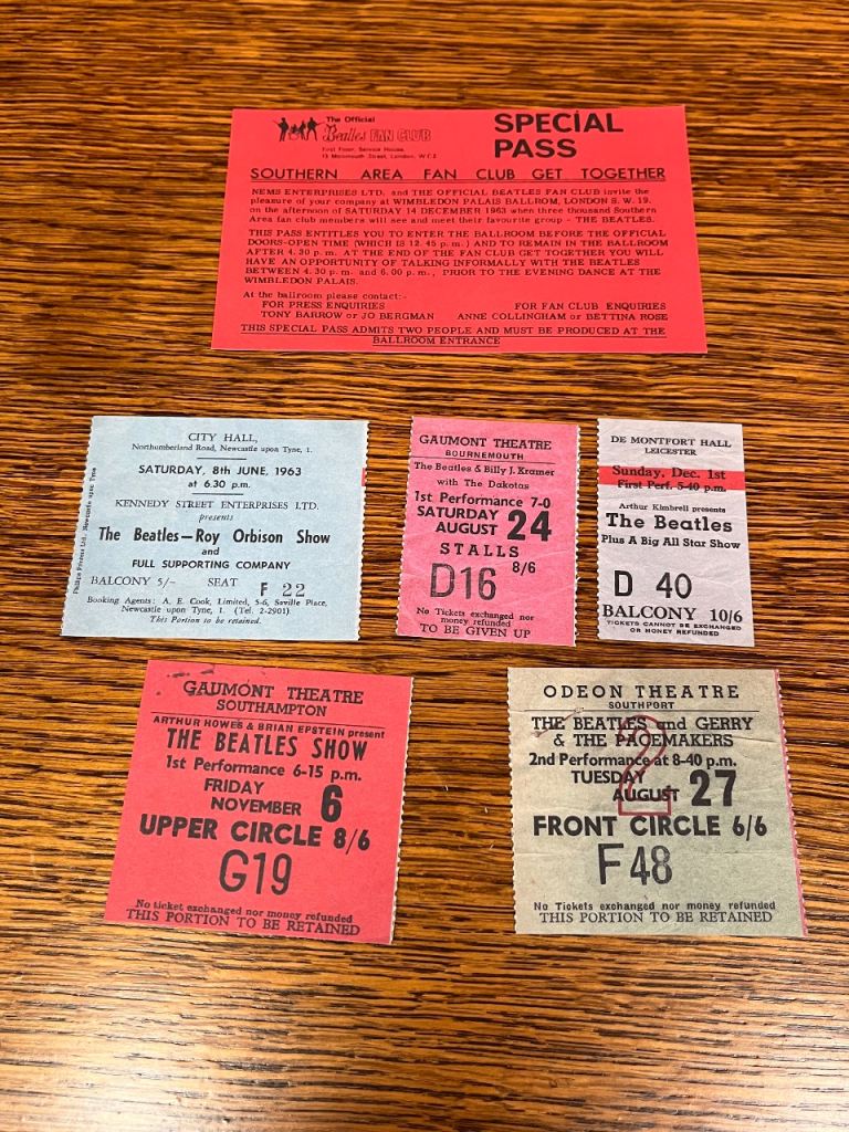 Six Replica Beatles Concert Tickets Stubs 1960s