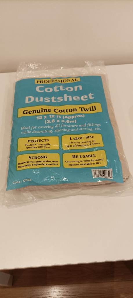Cotton dust sheet. Genuine cotton twill 12'x12' dustsheet for painting decorating - new.