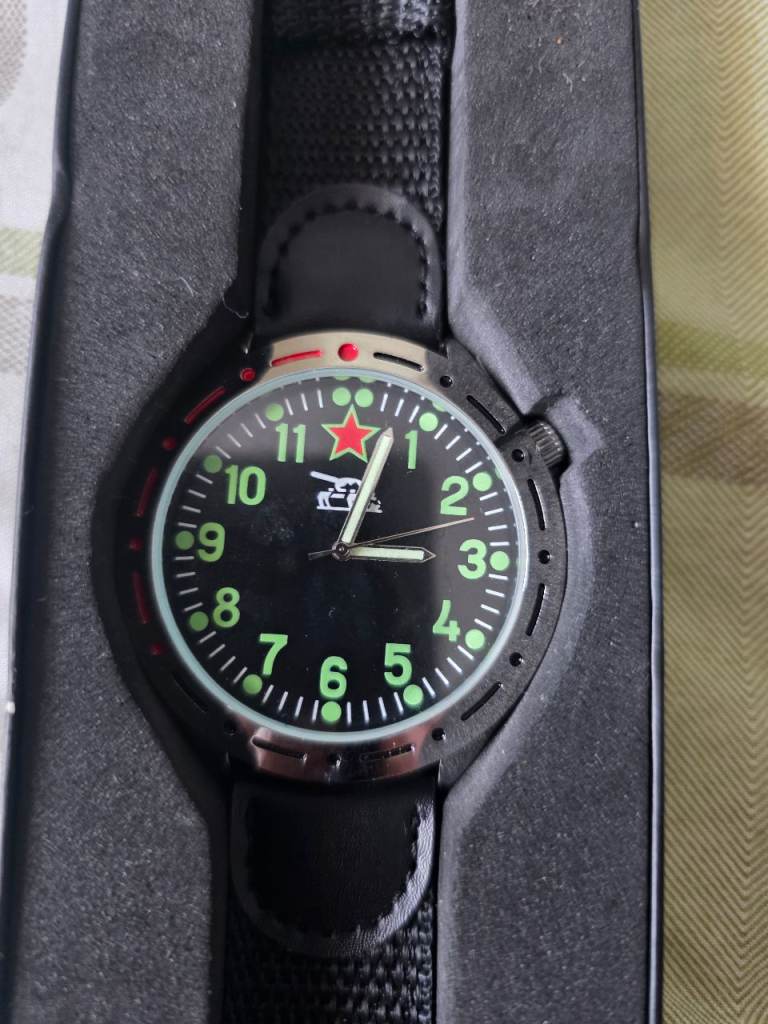 New Black Military Style Watch with Green Numbers