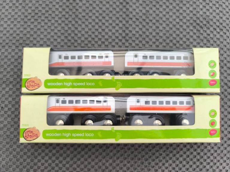 4 Brio-compatible wooden trains, NEW SEALED