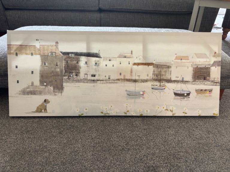 Charming Coastal Scene Canvas Painting with Dog and Boats