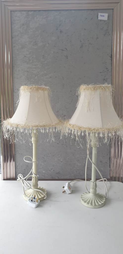 Pair of Cream Table Lamps with Fringed Shades – Good Condition