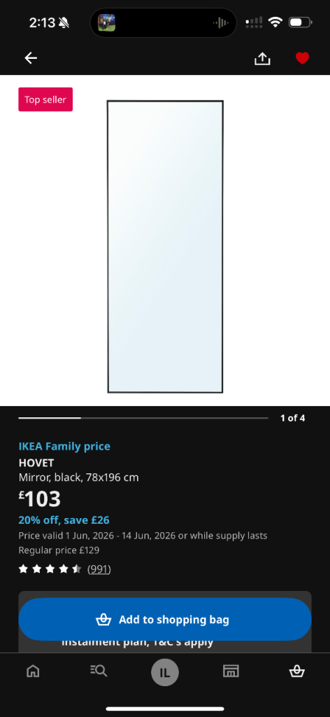 IKEA HOVET Full Length Mirror – Black, 78x196 cm