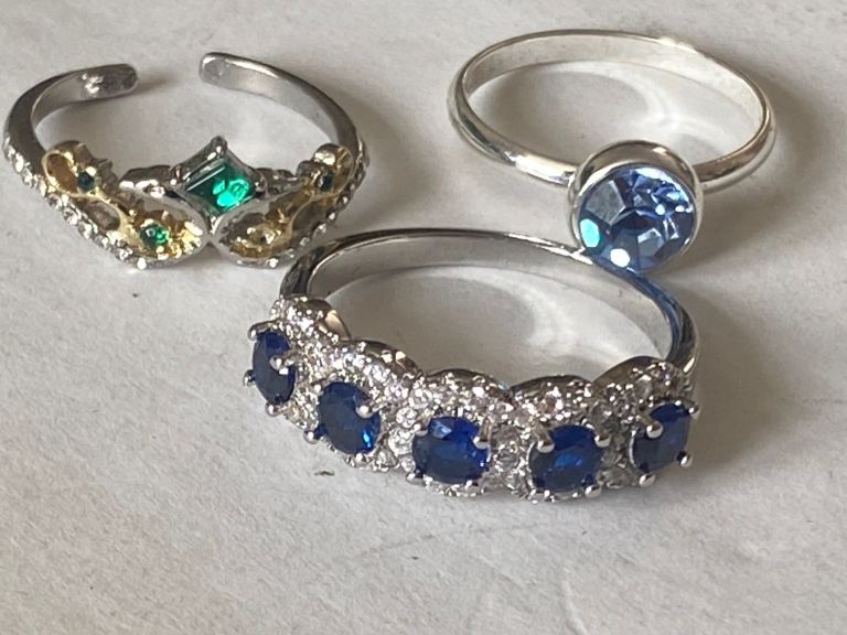 Set of 3 Rings with Blue, Green & Clear Stones